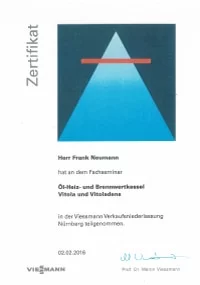 Mitarbeiterzertifikat<br>Neumann - Öl,- Heiz- und Brennwertkessel Viessmann