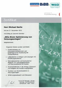 Mitarbeiterzertifikat<br>Sachs - Wilo Optimierung von Heizungsanlagen