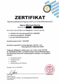 Mitarbeiterzertifikat<br>Sachs - ChemKlimaSchutzV