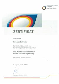 Mitarbeiterzertifikat<br>Schneider - SHK-Kundendiensttechniker