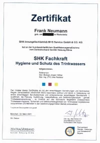 Mitarbeiterzertifikat<br>Neumann - SHK-Fachkraft für Hygiene und Schutz des Trinkwassers