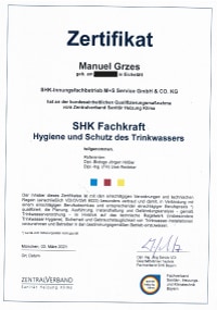 Mitarbeiterzertifikat<br>Grzes - SHK-Fachkraft für Hygiene und Schutz des Trinkwassers