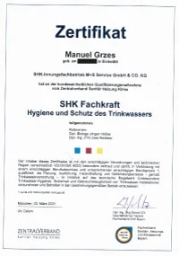 Mitarbeiterzertifikat<br>Grzes - SHK-Fachkraft für Hygiene und Schutz des Trinkwassers